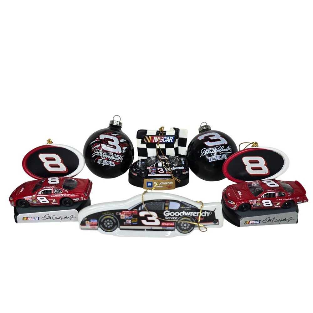 Dale Earnhardt and Earnhardt Jt #3 #8 NASCAR Ornament Set - Race Car & Trophy